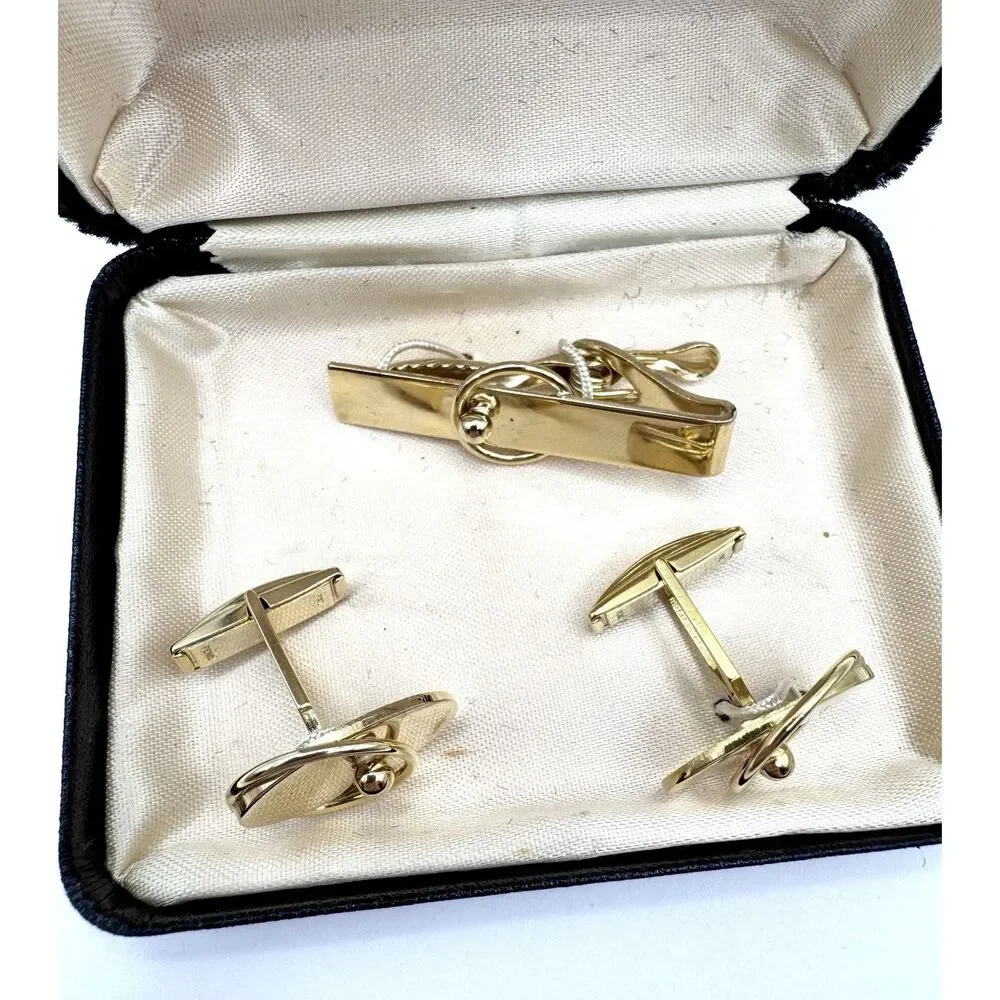 Cufflinks and Tie Clip Gold Tone Art Deco Vintage Craftmode Mens